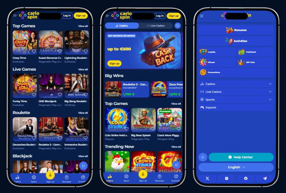Mobiele lobby van Carlospin Casino met casinospellen, live casino, bonusaanbiedingen en navigatie op een smartphone